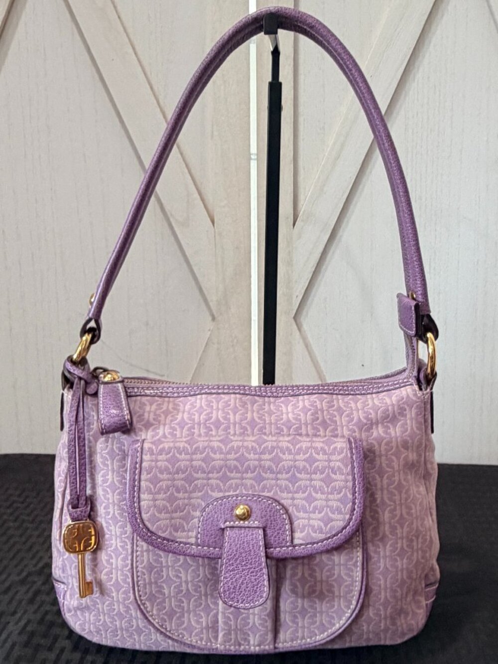 Fossil Purple Signature Jacquard Shoulder Bag Leather Trim Key Charm